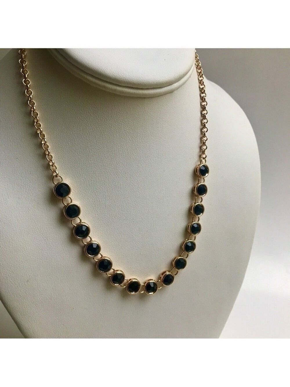 Gold-tone Bezel Set Black Cabochon Necklace 16-19.5"